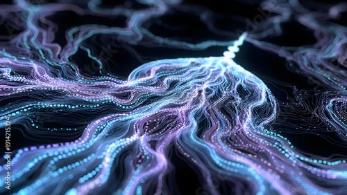 Flowing network of luminous particles creating intricate, branching patterns in the dark.