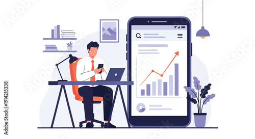 Modern flat vector illustration of businessman holding smartphone with stock market trading app and rising graph, representing investment growth, financial technology, and wealth strategy