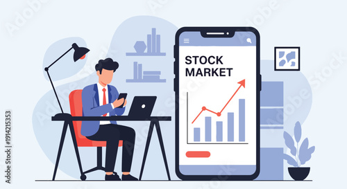 Modern flat vector illustration of businessman holding smartphone with stock market trading app and rising graph, representing investment growth, financial technology, and wealth strategy