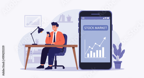 Modern flat vector illustration of businessman holding smartphone with stock market trading app and rising graph, representing investment growth, financial technology, and wealth strategy