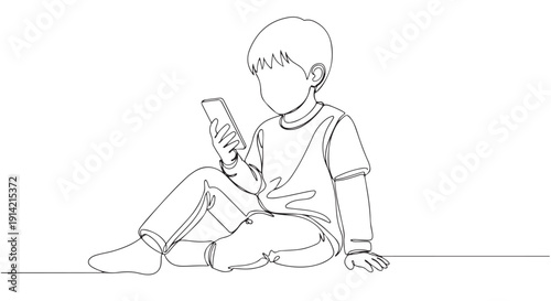Minimalist continuous line drawing of a young boy captivated by his smartphone, illustrating childhood screen time and digital engagement with technology