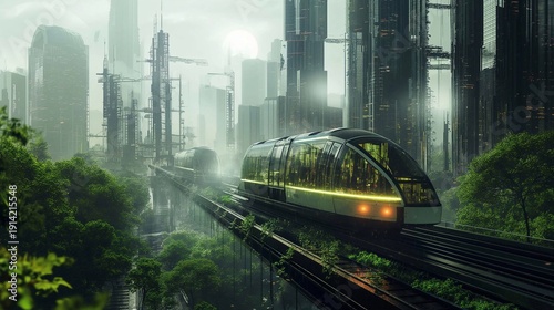 An electric train powered by magnetic levitation, speeding through a green energy-powered futuristic cityscape
