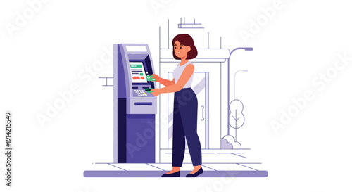 Modern flat vector illustration of woman withdrawing cash from ATM machine in urban street environment, representing everyday banking and financial transaction concept