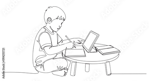 Continuous line drawing of a young child actively engaged in digital learning at home, using a tablet device and a notebook for educational tasks