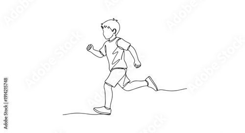 A continuous line drawing of a young boy running with speed and energy