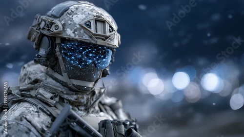 346High-tech soldier in tactical combat gear, visor glowing with holographic network data, abstract digital grids and nodes filling background, futuristic cyber warfare concept, cinem