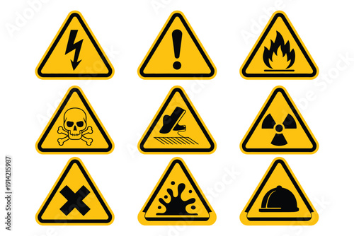 Free Download Safety hazard warning signs vector icons illustrating caution, danger, and risk triangles for flammable, toxic, radioactive, voltage, slippery, and corrosive hazards - GFXLoad