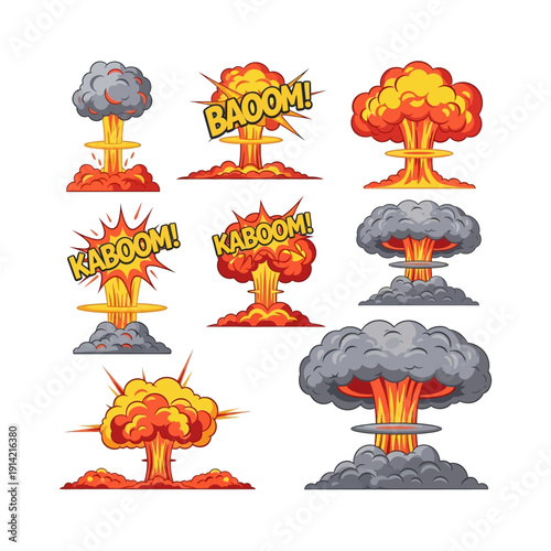Collection of cartoon explosions with smoke and fire.