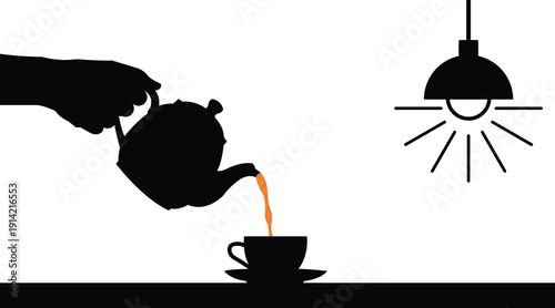 Teapot Serving Hot Drink and Cozy Evenings scene with hanging lamp. vector illustration 