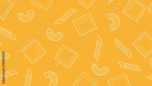Yellow background with an assorted pasta pattern. Outlined shapes of macaroni, penne, and ravioli are evenly spaced, creating a playful, whimsical feel.