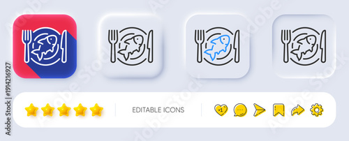 Seafood line icon. Neumorphic, Flat shadow, 3d buttons. Fish dish sign. Plate with fork and knife symbol. Line seafood icon. Social media icons. Vector