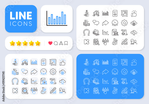 Bank document, Cloud computing and View document line icons for web app. Message, Share, Like social media icons. Pack of Deflation, Check article, Work home pictogram icons. Vector