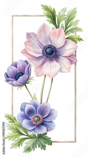 Elegant Watercolor Anemone Flower Arrangement in a Gold Frame on Black Background