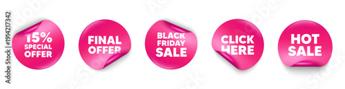 Discount sticker tag. Click here, Black friday paper price banners. 15 percent discount offer tag. Sale price promo sign. Special offer symbol. Hot sale sticker. Promo banners. Vector