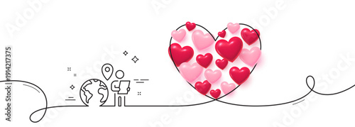 Outsource work line icon. Continuous line big heart. Freelance job sign. Remote employee symbol. 3d hearts in heart shaped loop. Outsource work single line ribbon. Loop curve pattern. Vector
