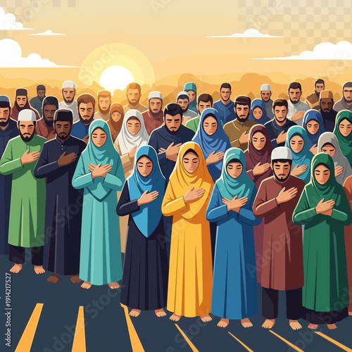 Diverse group of people in traditional attire praying outdoors at sunrise.