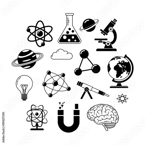 A collection of science and education icons on a white background