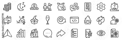 Update time, Analysis graph and Engineer line icons pack. Share, Message, Paper plane icons. Coffee vending, Execute, Diesel station web icon. Qr code, Coins, Human rating pictogram. Vector
