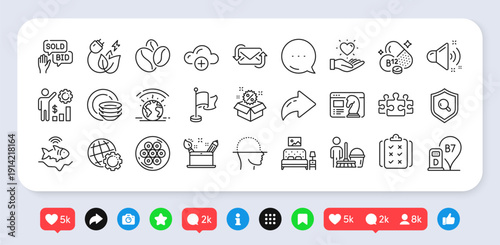 Diesel station, Face scanning and Coffee beans line icons pack. Social media: share, comment, like icons. Bid offer, Furniture, Greenhouse web icon. Vector