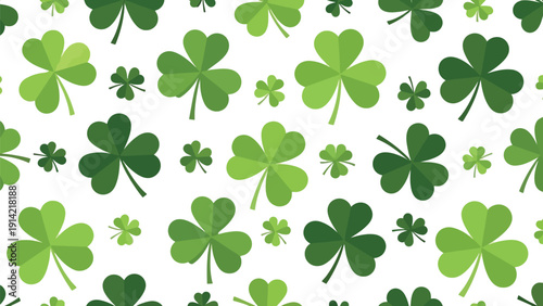 Pattern of green shamrocks in various sizes fills the image, arranged on a white background. The design conveys a festive and cheerful mood.