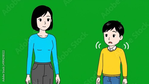 Animated mom and anxious son character conversation on green screen background education and family concepts