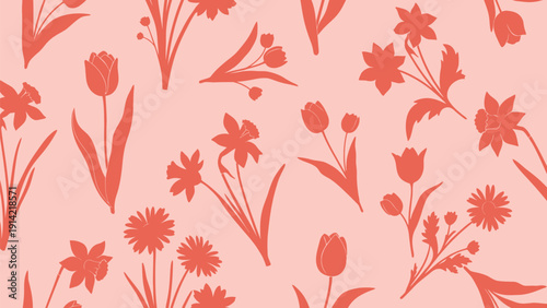 Pattern of red tulips, daffodils, and daisies on a soft pink background. The design is playful and elegant, creating a cheerful and vibrant tone.
