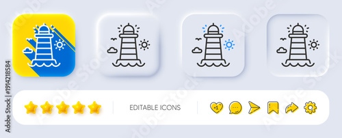 Lighthouse line icon. Neumorphic, Flat shadow, 3d buttons. Beacon tower sign. Searchlight building symbol. Line lighthouse icon. Social media icons. Vector