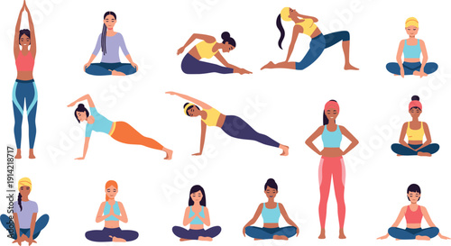 Women Yoga Pose Collection with Meditation Stretching and Fitness Exercises Healthy Lifestyle Female Characters Vector Illustration Set