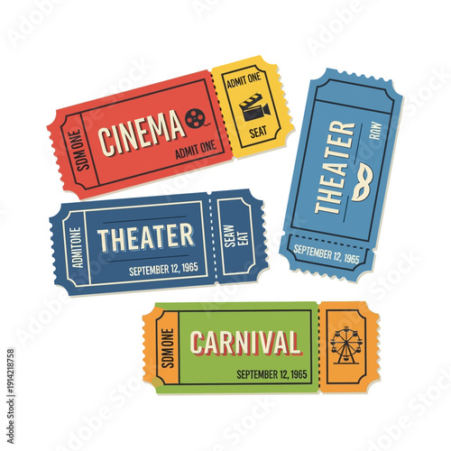 Collection of colorful vintage tickets for cinema, theater, and carnival events.