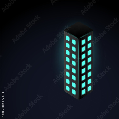 Glowing Isometric Skyscraper on Dark Background, Business Growth and Success Concept with Copy Space