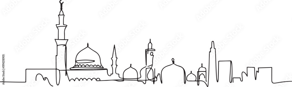 Obraz premium Single continuous line drawing Medina skyline Saudi Arabia. Famous city scraper landscape postcard print art. World travel destination concept. one line Icon drawing