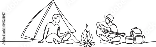 Continuous one line drawing couple tourist camping. Camper sitting by campfire next to camp tent, guy playing music guitar, people enjoy nature picnic. one line Icon drawing