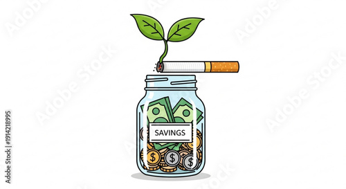 Saving money for a healthy future with a growing plant from a cigarette butt in a jar