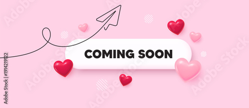 Coming soon search bar. Share plane line icon. Coming soon. Promotion banner sign. New product release symbol. Search button with 3d hearts. Vector