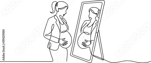 Continuous one line drawing businesswoman standing in front of mirror and see herself getting big belly with holding her stomach. Oversized and obesity concept. one line Icon drawing