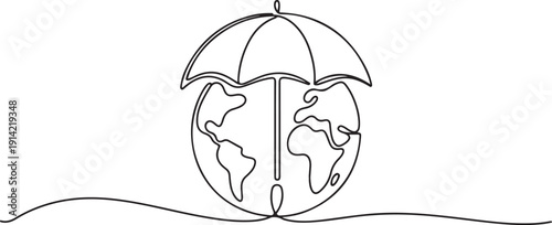 Single continuous line drawing part of the globe is covered by an umbrella. Take shelter with umbrella whether it is raining or hot. Tech. one line Icon drawing