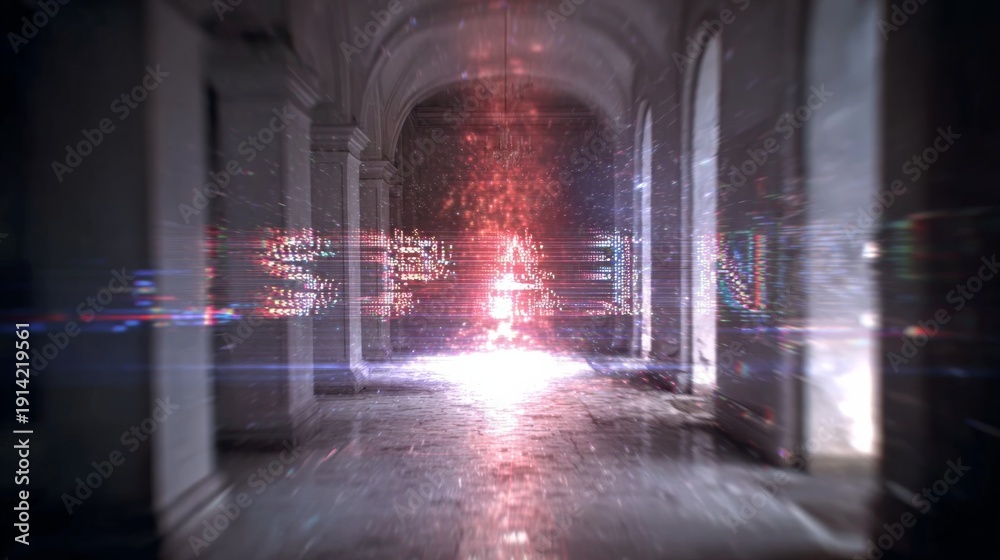 Naklejka premium A cinematic glitch effect in a dimly lit corridor, showcasing vibrant colors and dynamic patterns of light