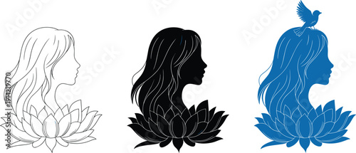 Three stylized female silhouettes with lotus flowers and a bird woman black 1