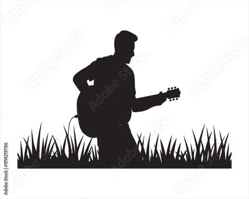 Acoustic Guitar Player Silhouette in Grass