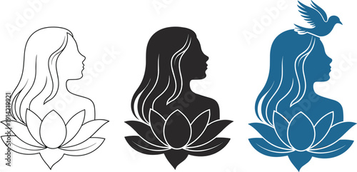 Three stylized female silhouettes with lotus flowers and a bird woman black