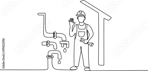 Single one line drawing plumber stands with call me gesture and holding carpentry tool fixing broken plumbing at home. Success business. one line Icon drawing
