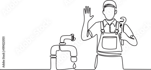 Single one line drawing plumber stands with call me gesture and holding carpentry tool fixing broken plumbing at home. Success business. one line Icon drawing