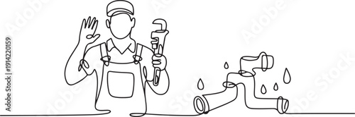 Single one line drawing plumber stands with call me gesture and holding carpentry tool fixing broken plumbing at home. Success business. one line Icon drawing