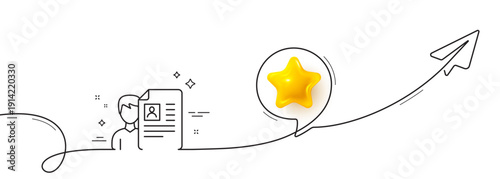Business recruitment line icon. Continuous line with share plane. CV documents or Portfolio sign. 3d star in speech bubble. Job interview single line ribbon. Loop curve pattern. Vector