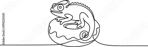 Continuous line drawing of cute adorable chameleon depicts exotic lizard animal lying inside glazed donut for pastry food concept. one line Icon drawing