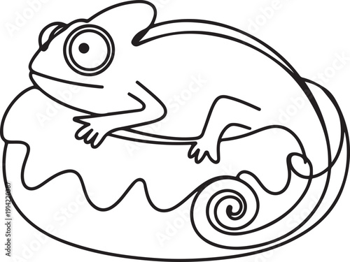 Continuous line drawing of cute adorable chameleon depicts exotic lizard animal lying inside glazed donut for pastry food concept. one line Icon drawing