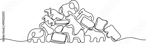 Single continuous line drawing a pile of animal crackers in various animal shapes. Attractive biscuits or cookies. Salty. Savory. National Animal Crackers Day. one line Icon drawing