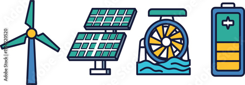 Wind turbine renewable energy icon, solar panel sustainable power illustration, hydroelectric water wheel clean energy symbol, battery storage eco-friendly electricity concept design