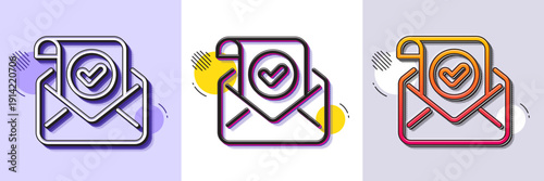 Confirmed mail line icon. Halftone dotted pattern. Gradient icon with grain shadow. Approved email letter sign. Verified correspondence symbol. Line confirmed mail icon. Various designs. Vector