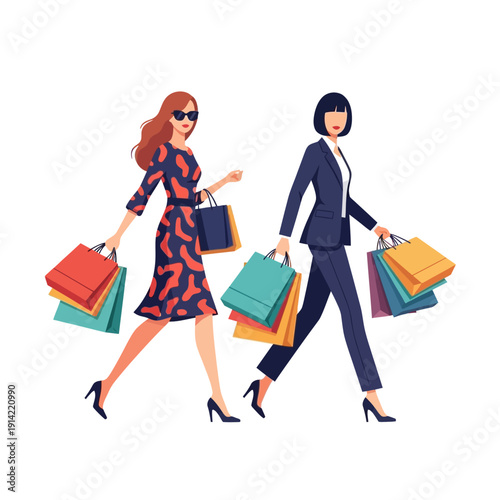 Two stylish women walking with shopping bags, fashion lifestyle illustration